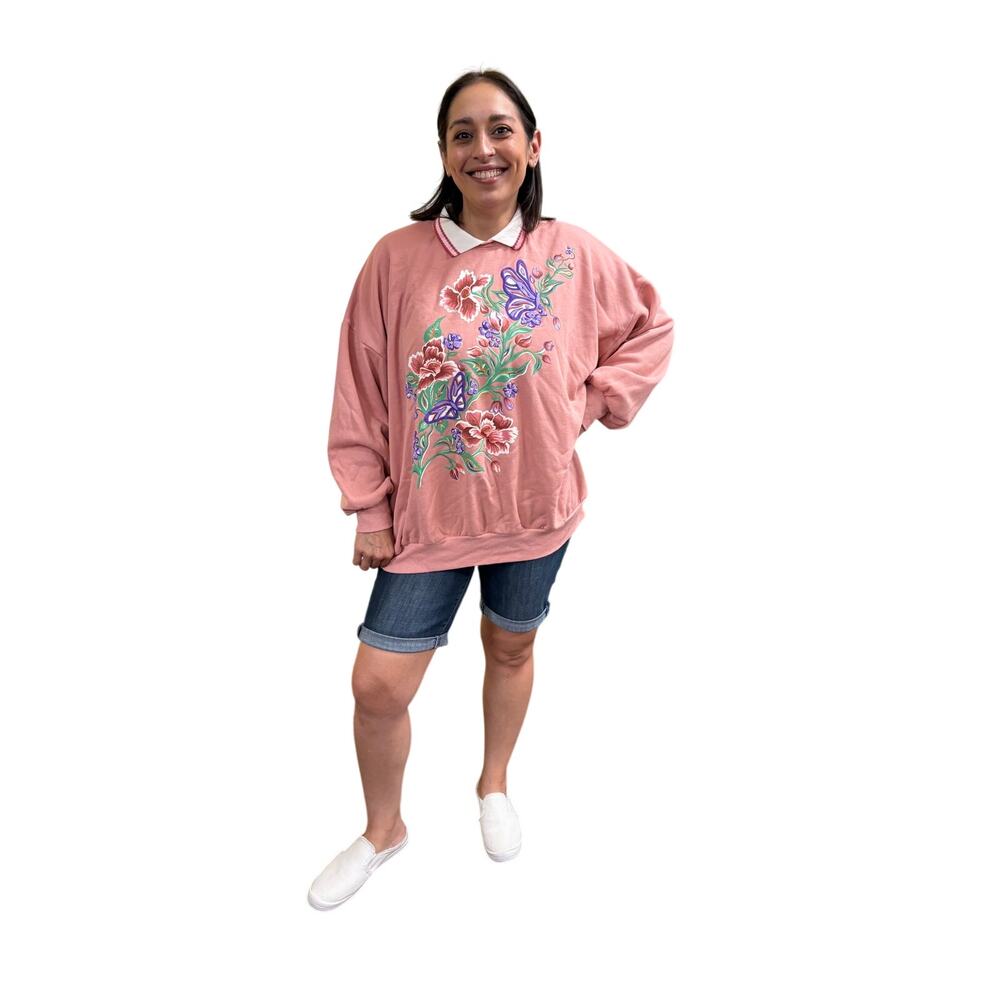 Vintage 90s Haband for Her Dusty Pink Pullover Sweater Floral Butterfly